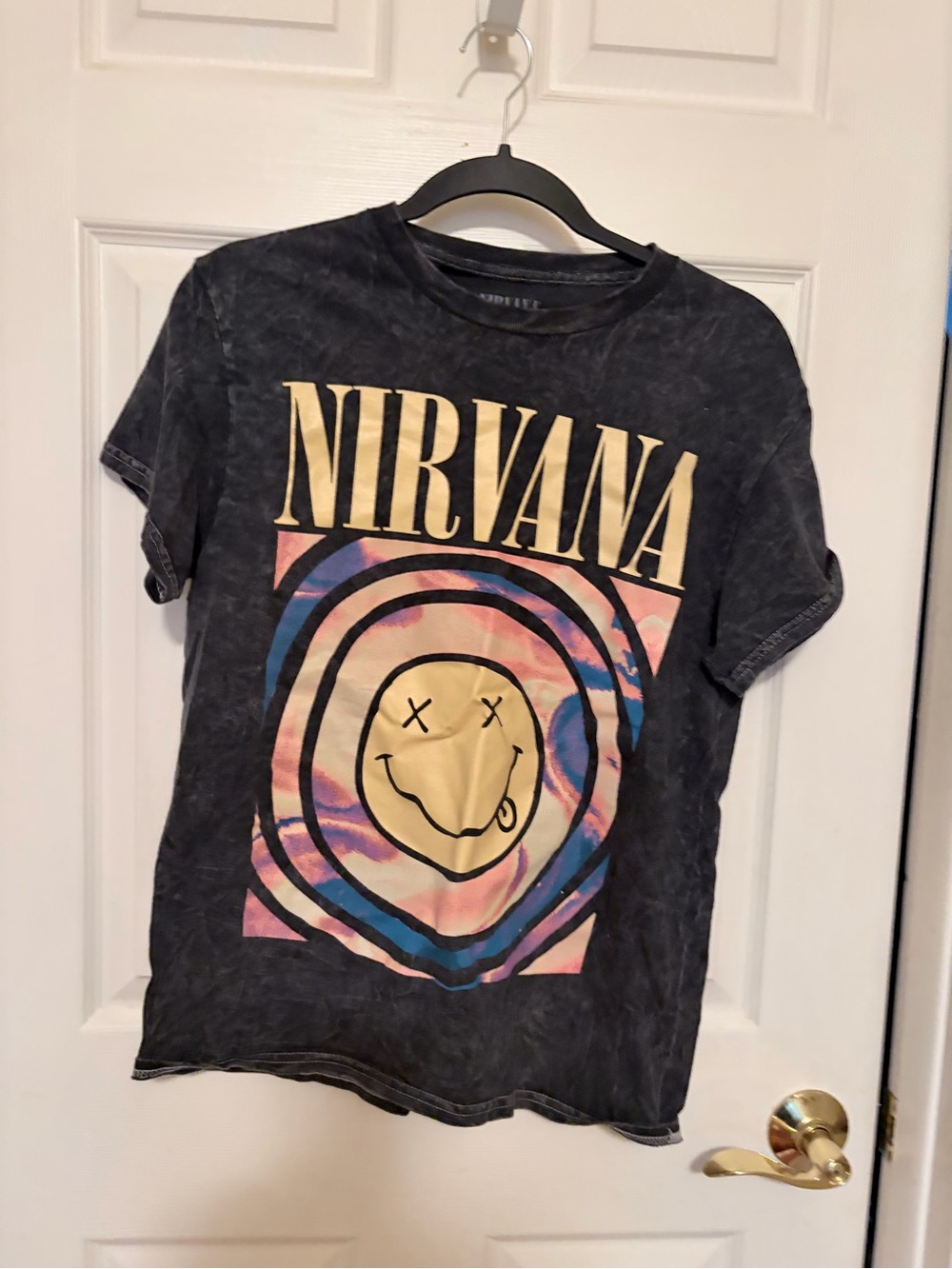 NIRVANA Black Smiley Logo Graphic Tee with Pale Yellow Print